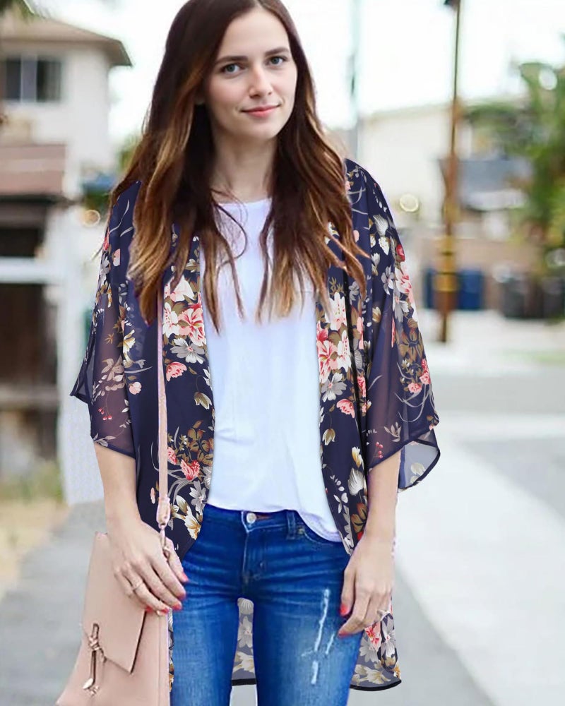 CHICGAL Kimono Cardigans for Women Floral Print 3/4 Sleeve Loose Cover Up Casual Blouse Tops (Navy Blue,2XL) - Image 2
